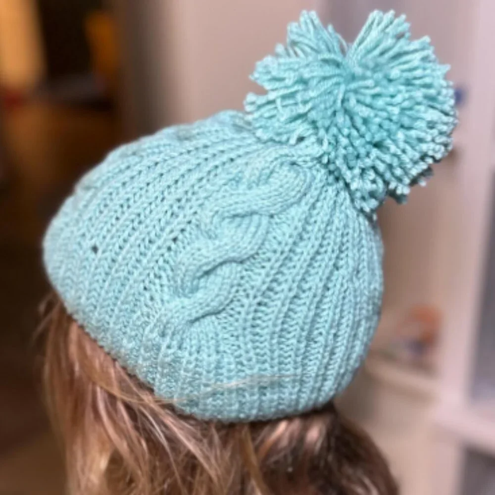 Hand-Knitted Winter Hat with Pom-Pom – Soft Blue Cable Beanie
